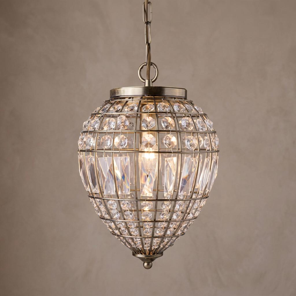 Pineapple-shaped antique brass and crystal pendant light glowing against a neutral wall.