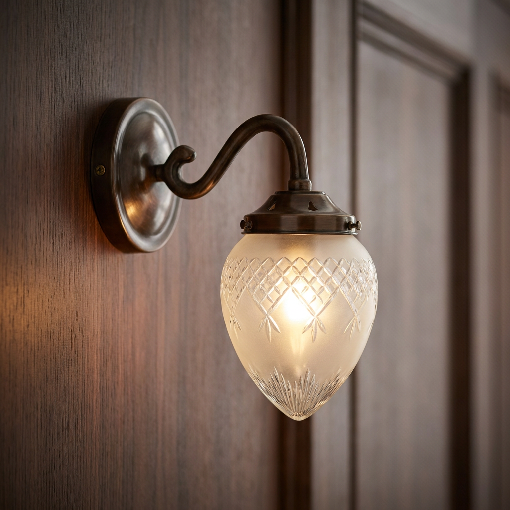 Antique bronze wall light with a frosted acorn-shaped cut glass shade mounted on a dark wood panel.