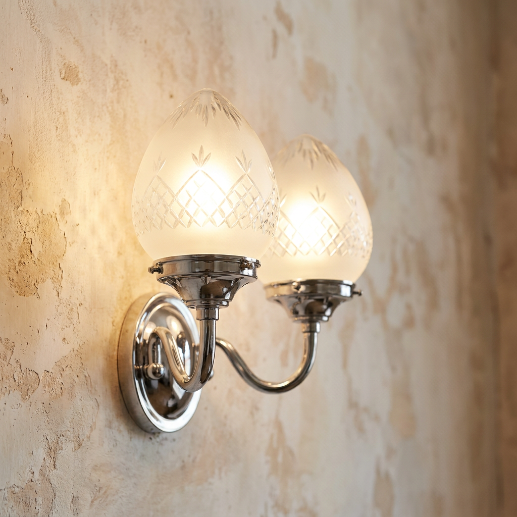 Chrome double wall light with frosted cut-glass pinecone shades mounted on a textured wall.