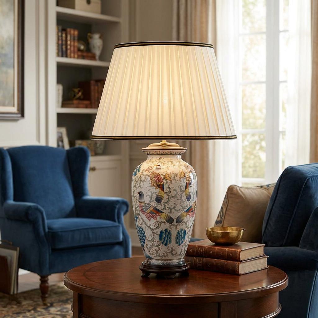 Ping 1 Light Cream Ceramic Table Lamp with an ornate bird-pattern base and pleated shade on a living room side table.