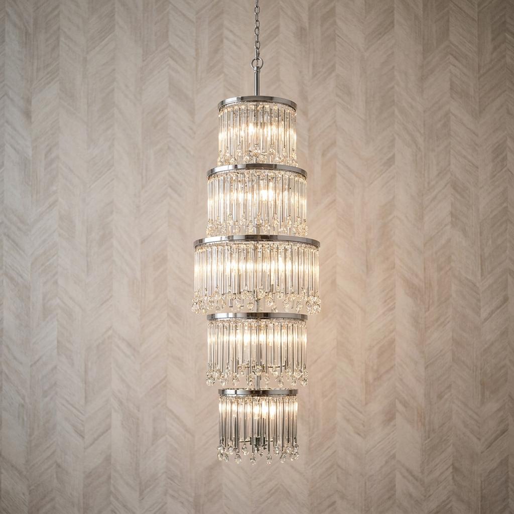 Elegant five-tier polished chrome chandelier with glass rods against a chevron-patterned wallpaper.