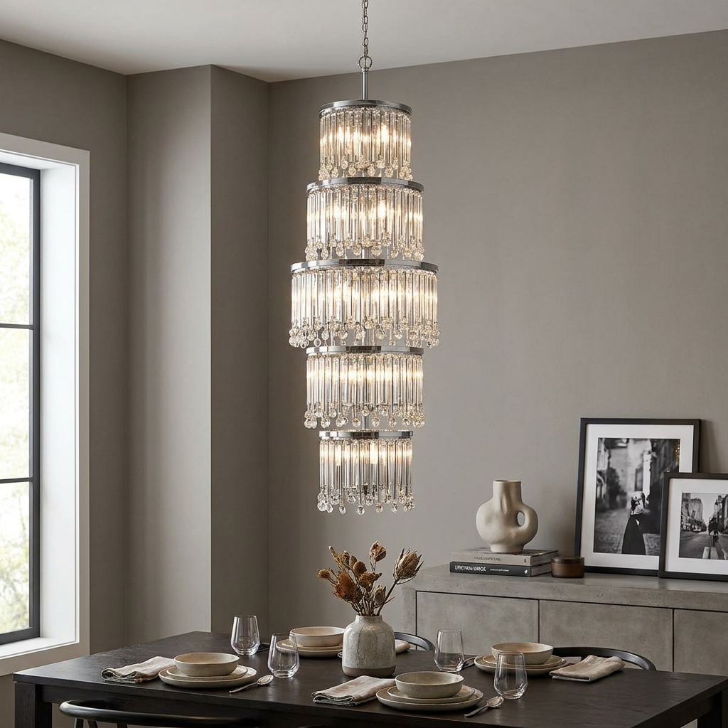 Five-tiered Piper 18 light polished chrome chandelier with glass rods over a set dining table in a modern interior.
