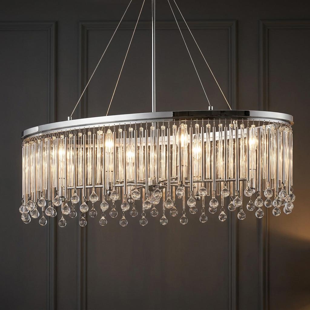Oval polished chrome chandelier with vertical glass rods and droplets, illuminated against a dark paneled wall.