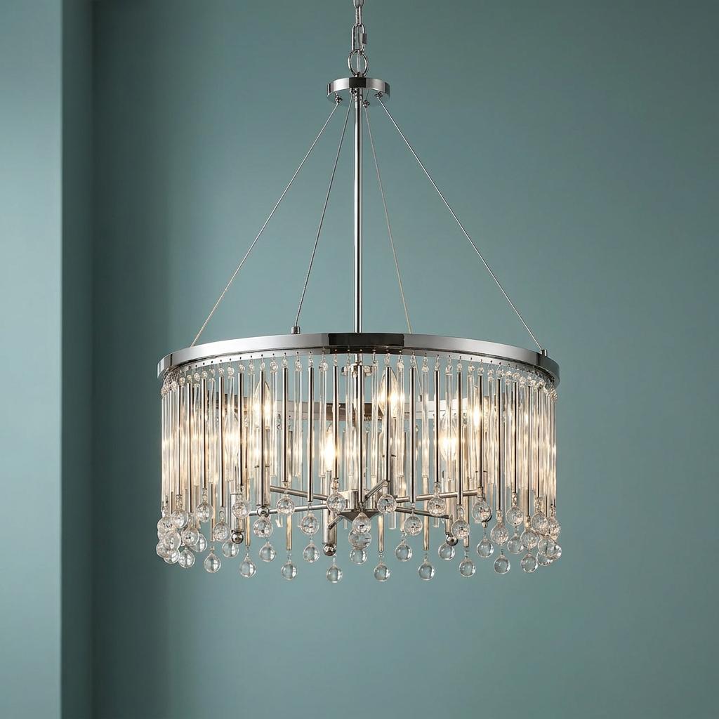 Piper six-light polished chrome chandelier with glass rods and crystal beads hanging against a teal background.