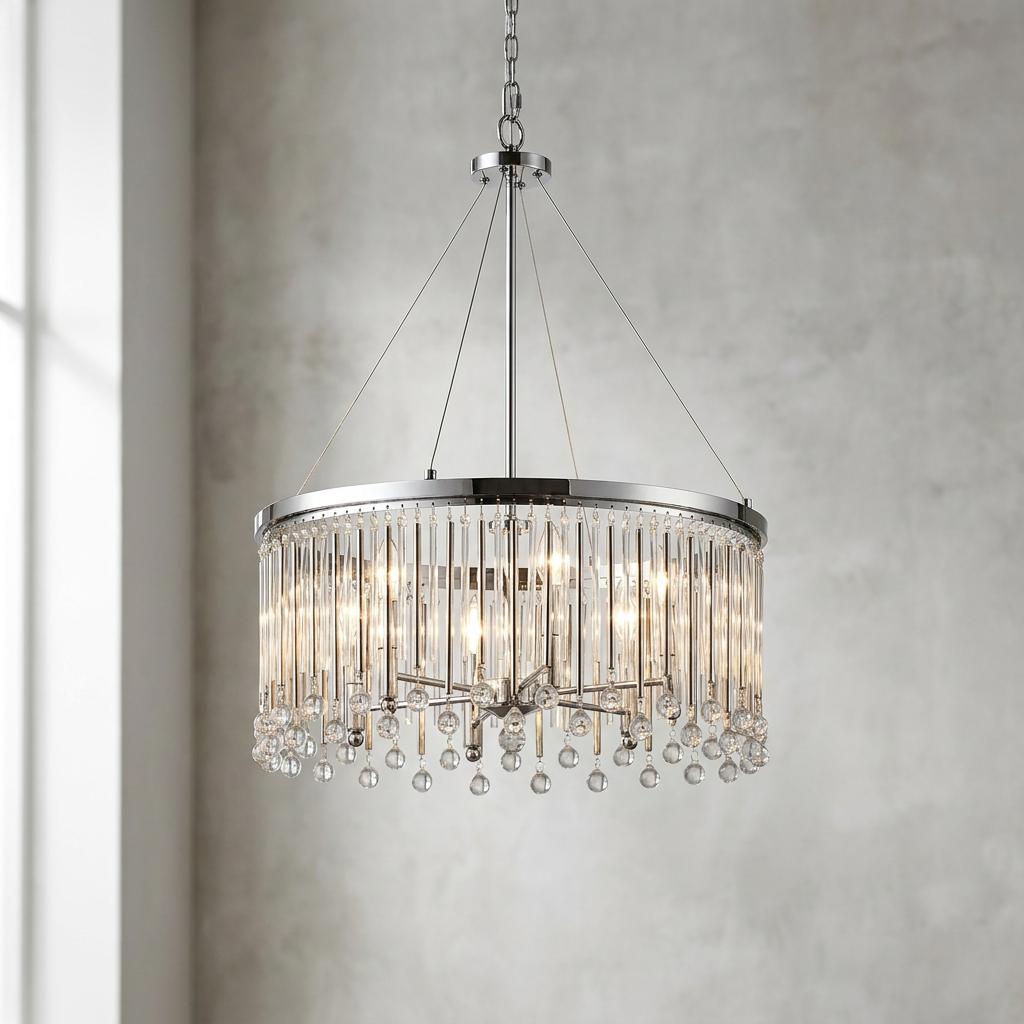 Piper 6-light polished chrome chandelier with glass rods and crystal droplets against a grey wall.