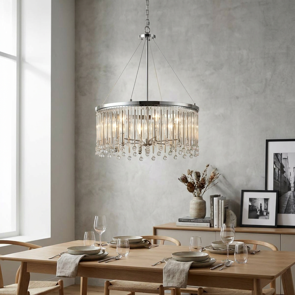 Piper 6 light polished chrome chandelier with glass rods hanging over a set dining table in a modern room.