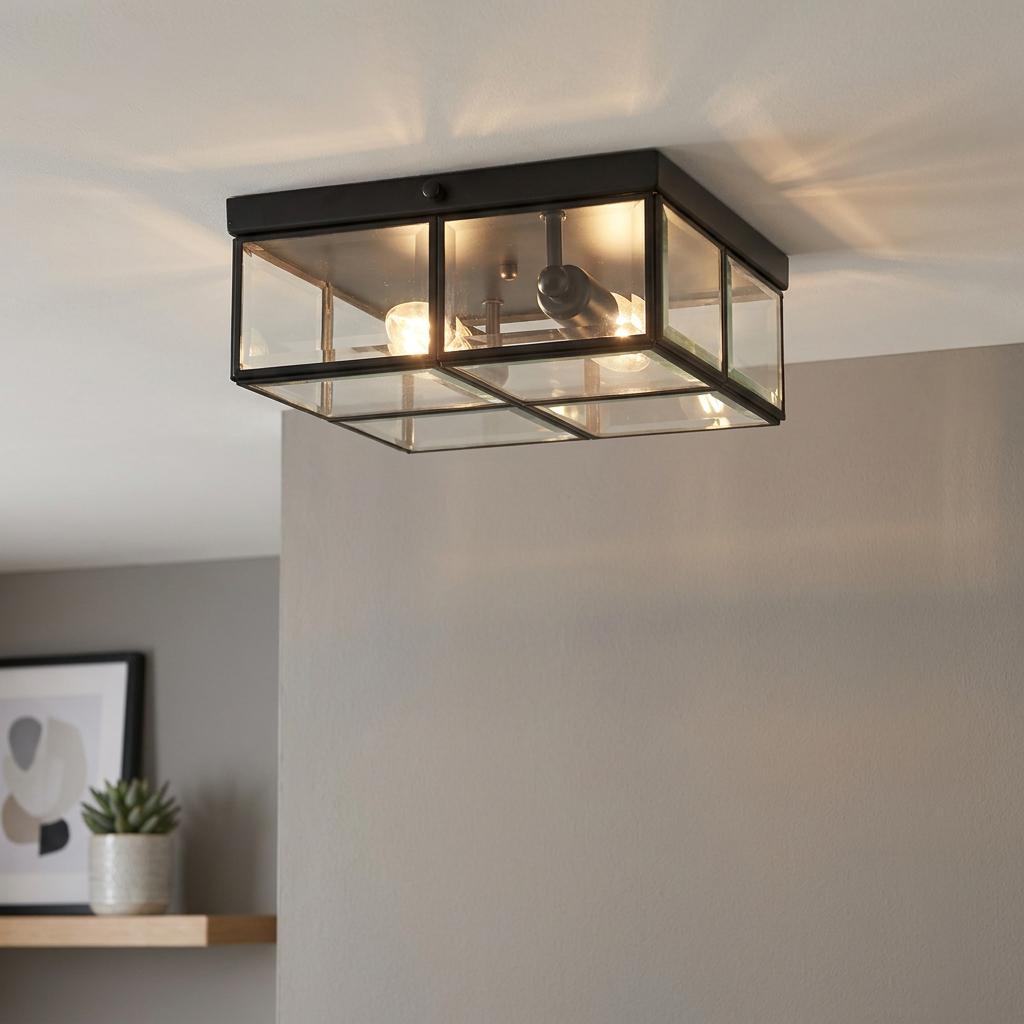 Pisa 2 Light Black Box Ceiling Flush with bevelled glass panels and black frame on a white ceiling.