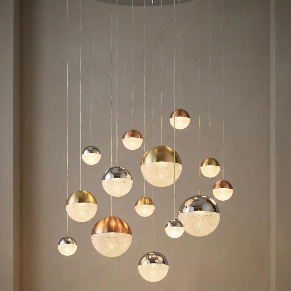 14 light multi-drop LED pendant featuring chrome, copper, and brass spheres at varying heights against a neutral wall.