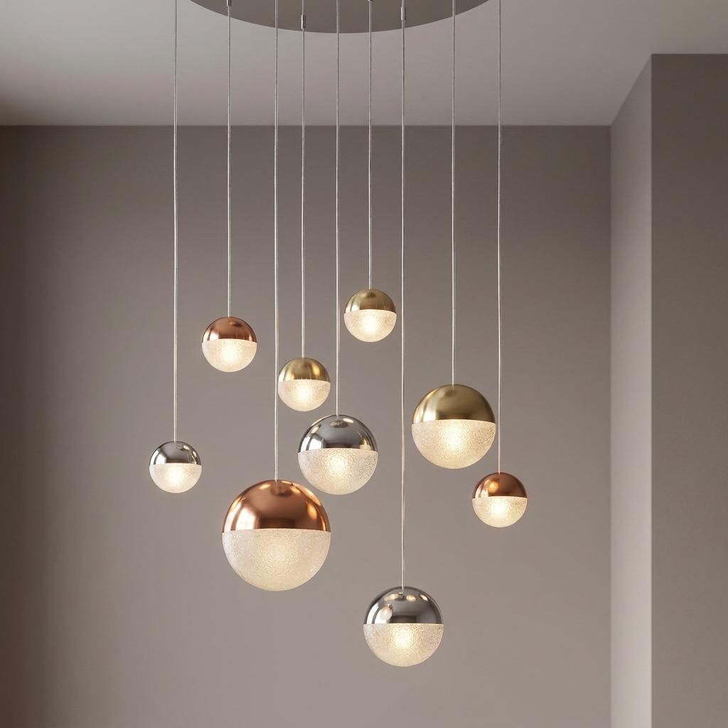 Planets 9 Light Multi-Drop LED Pendant featuring staggered chrome, copper, and brass glass globes in a modern room.