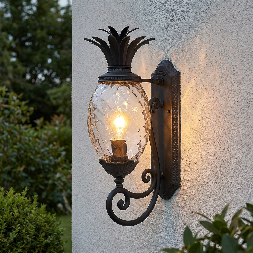 Black pineapple-shaped outdoor wall lantern with a warm lit bulb mounted on a light textured exterior wall.