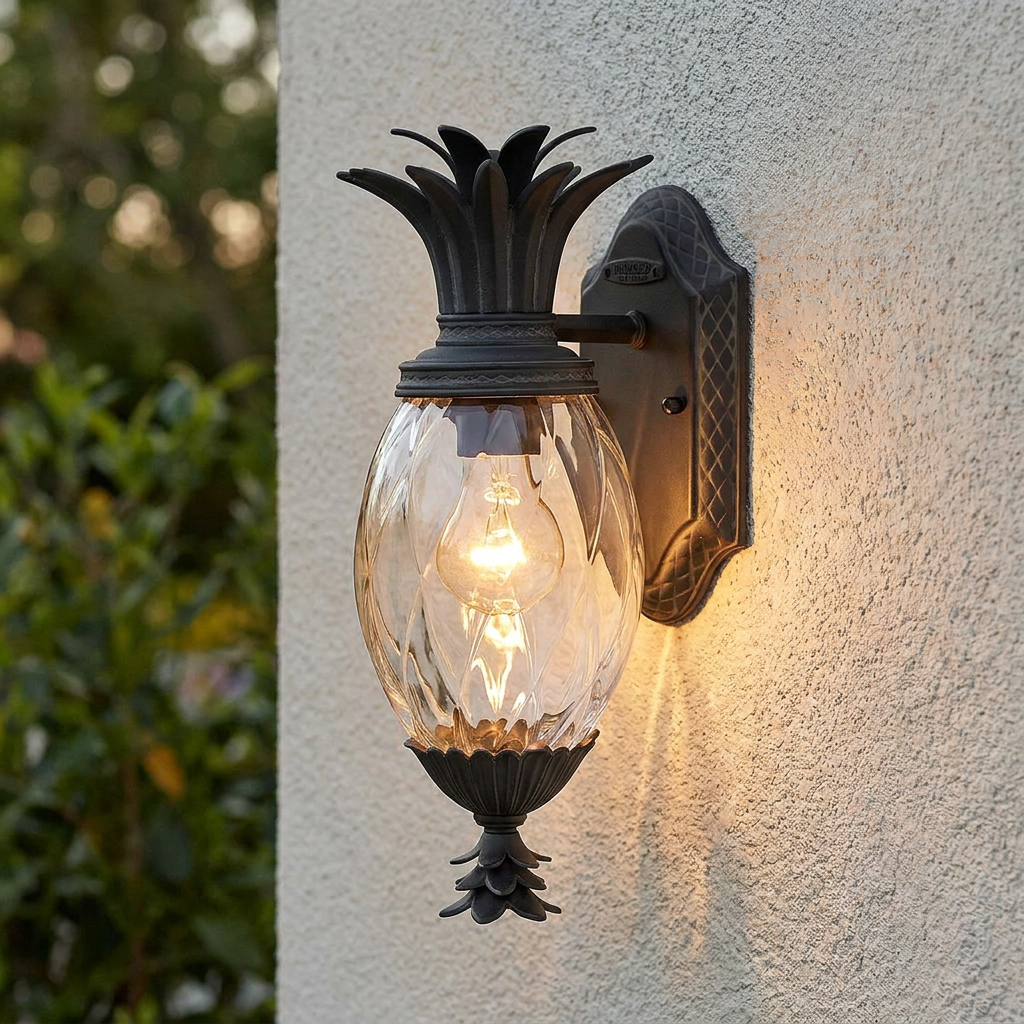 Black pineapple-shaped outdoor wall lantern with glowing optic glass mounted on a light stucco wall.