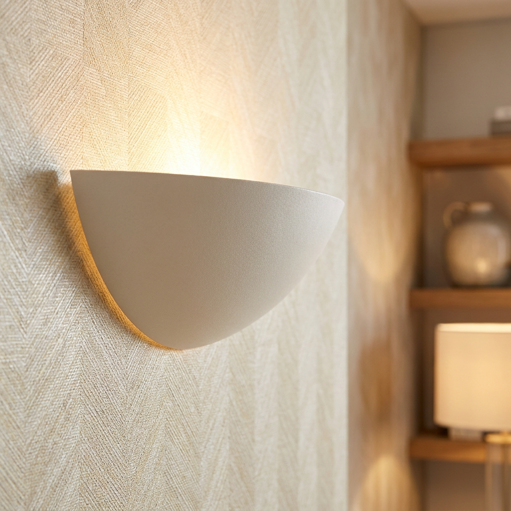 White plaster ceramic bowl-shaped uplighter wall light glowing against chevron patterned wallpaper.