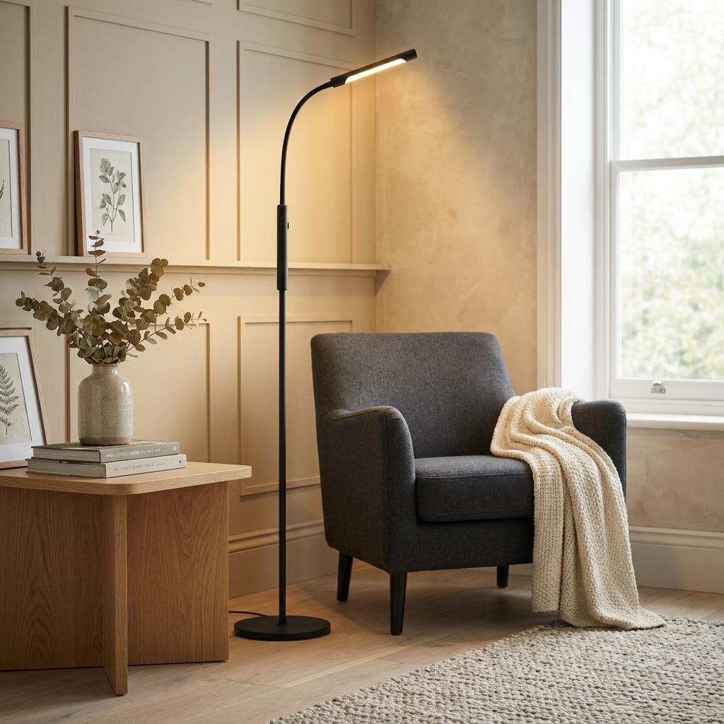 Sleek black rechargeable floor lamp with adjustable neck casting warm light over a charcoal armchair.