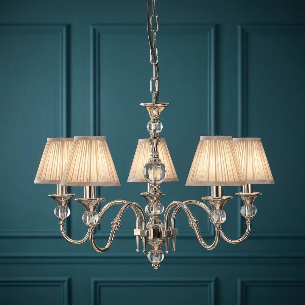 Polina 5 light polished nickel chandelier with beige pleated shades and crystal accents against a teal paneled wall.