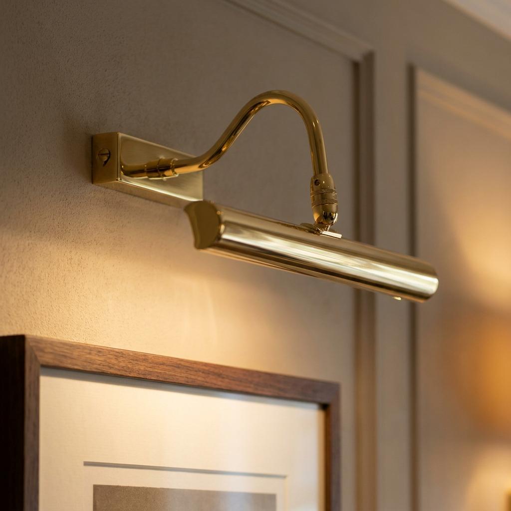 Polished brass picture light with a curved arm and cylindrical shade mounted above a framed artwork on a wall.