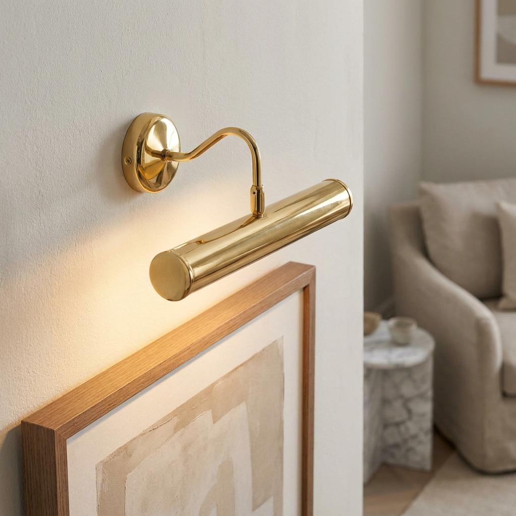 Polished brass picture light with a curved arm illuminating a wooden-framed artwork on a light wall.