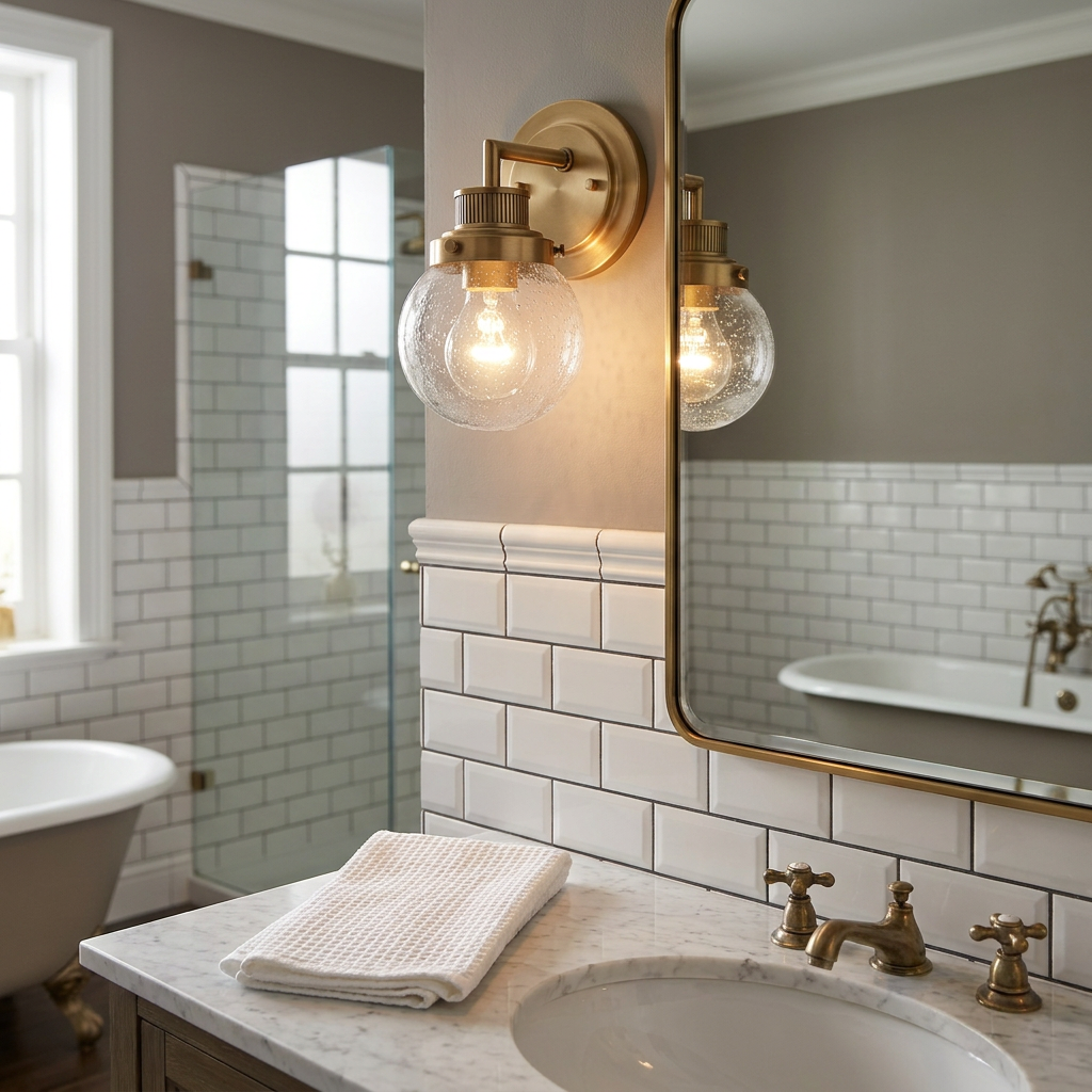 Brass wall light with a seeded glass globe mounted next to a bathroom mirror over a marble vanity.
