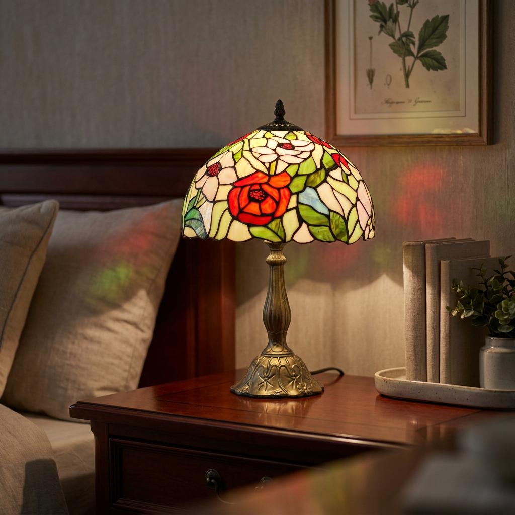 Stained glass Poppy Tiffany Lamp with red and white flowers on a wooden bedside table in a warm bedroom setting.