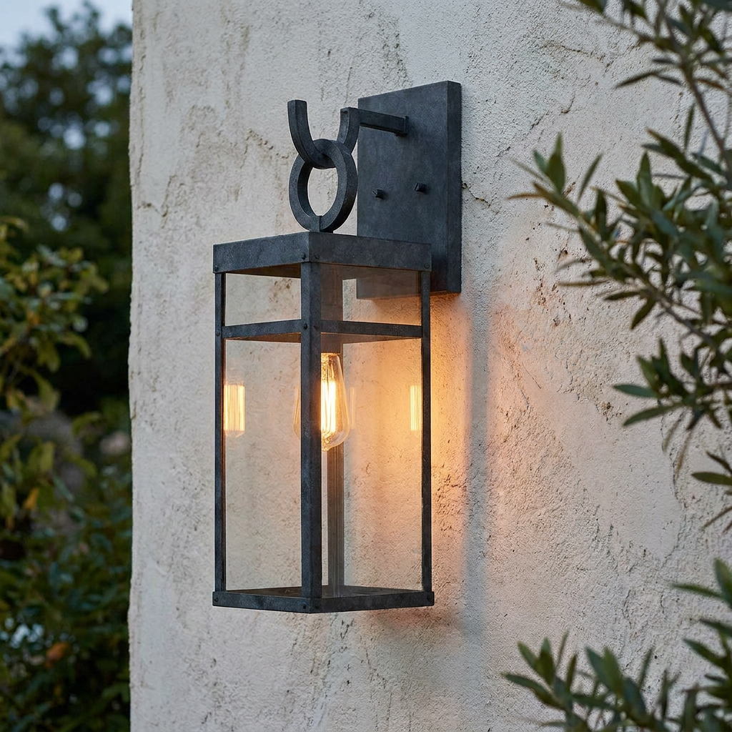 Porter 1 Light Large Zinc Outdoor Wall Lantern with a lit Edison bulb mounted on a textured exterior wall.