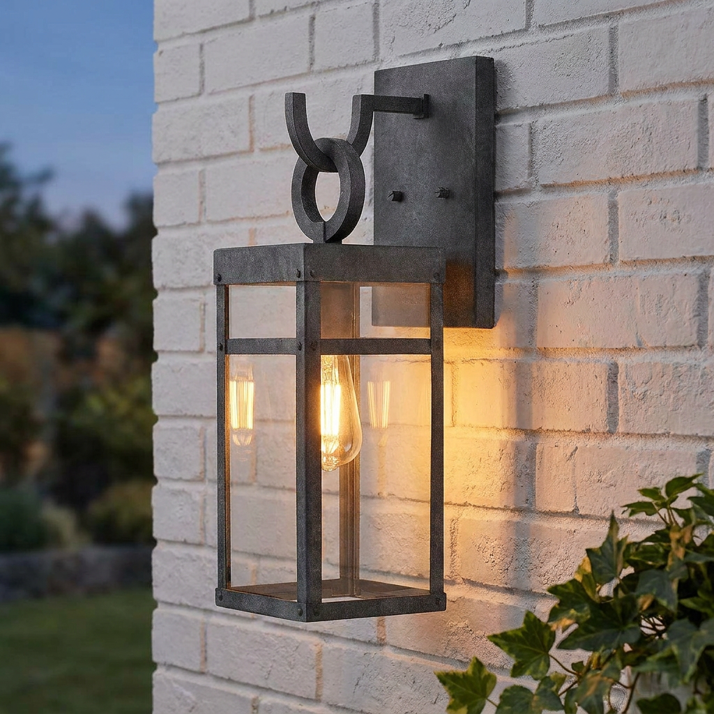 Zinc outdoor wall lantern with a warm filament bulb, mounted on a white brick wall.