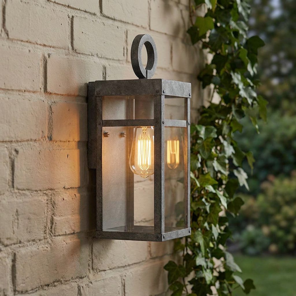 Rectangular zinc outdoor wall lantern with a glowing Edison bulb, mounted on a white brick wall next to green ivy.
