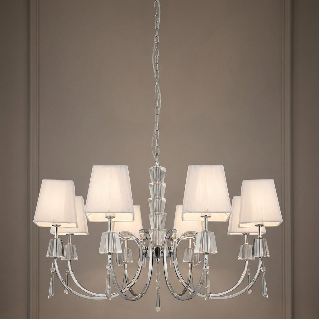 Portico chrome and crystal 8-light pendant featuring white fabric shades and decorative glass droplets.