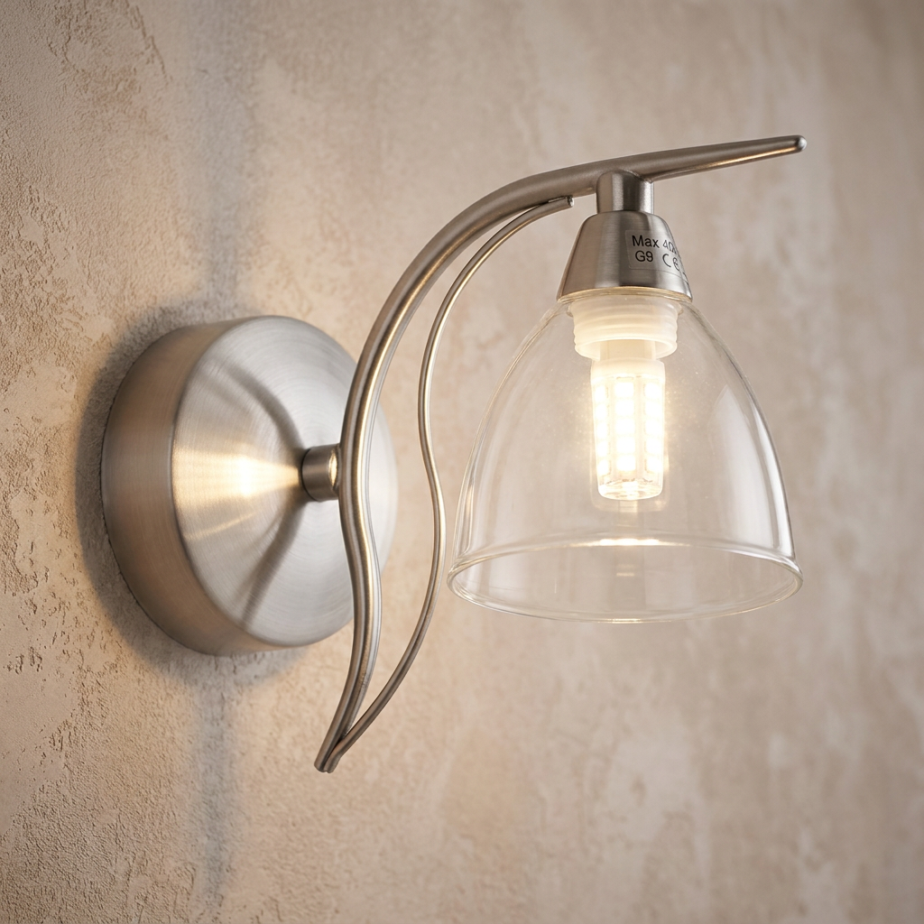 Antique chrome wall light with a curved arm and a clear glass bell shade, lit against a textured wall.