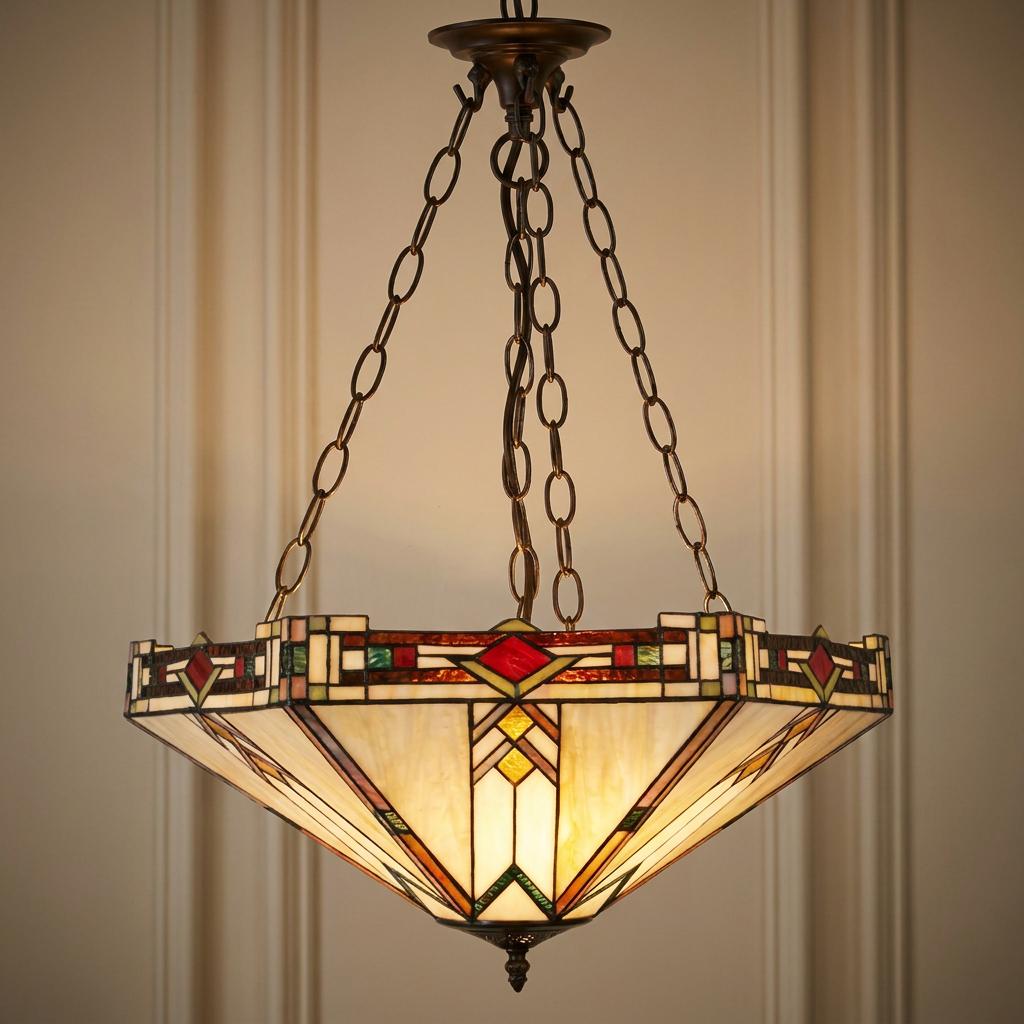 Geometric Prairie-style inverted Tiffany ceiling light with stained glass panels, hanging from three chains.