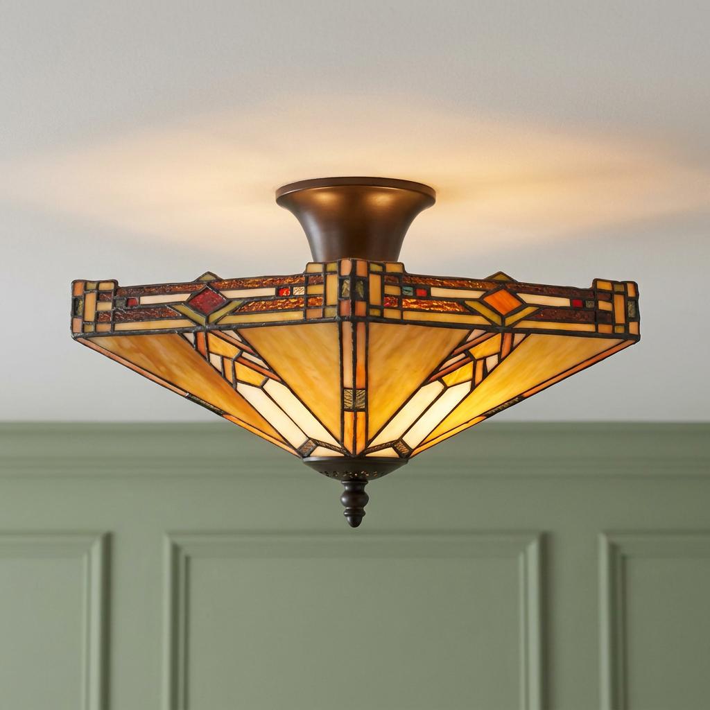 Prairie style Tiffany semi-flush ceiling light with a geometric amber glass shade on a white ceiling.