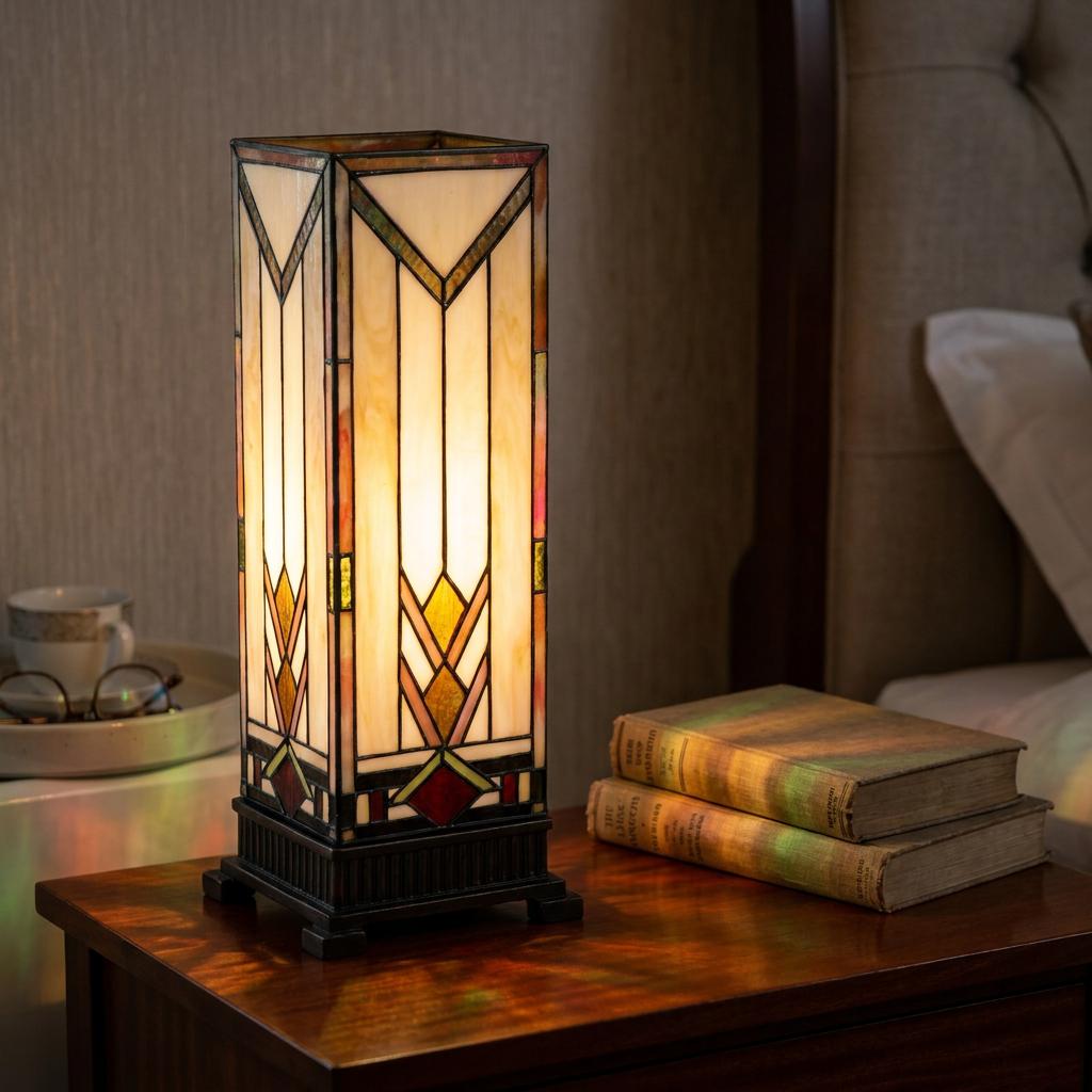Prairie-style Tiffany square table lamp with geometric stained glass on a dark wood bedside table.