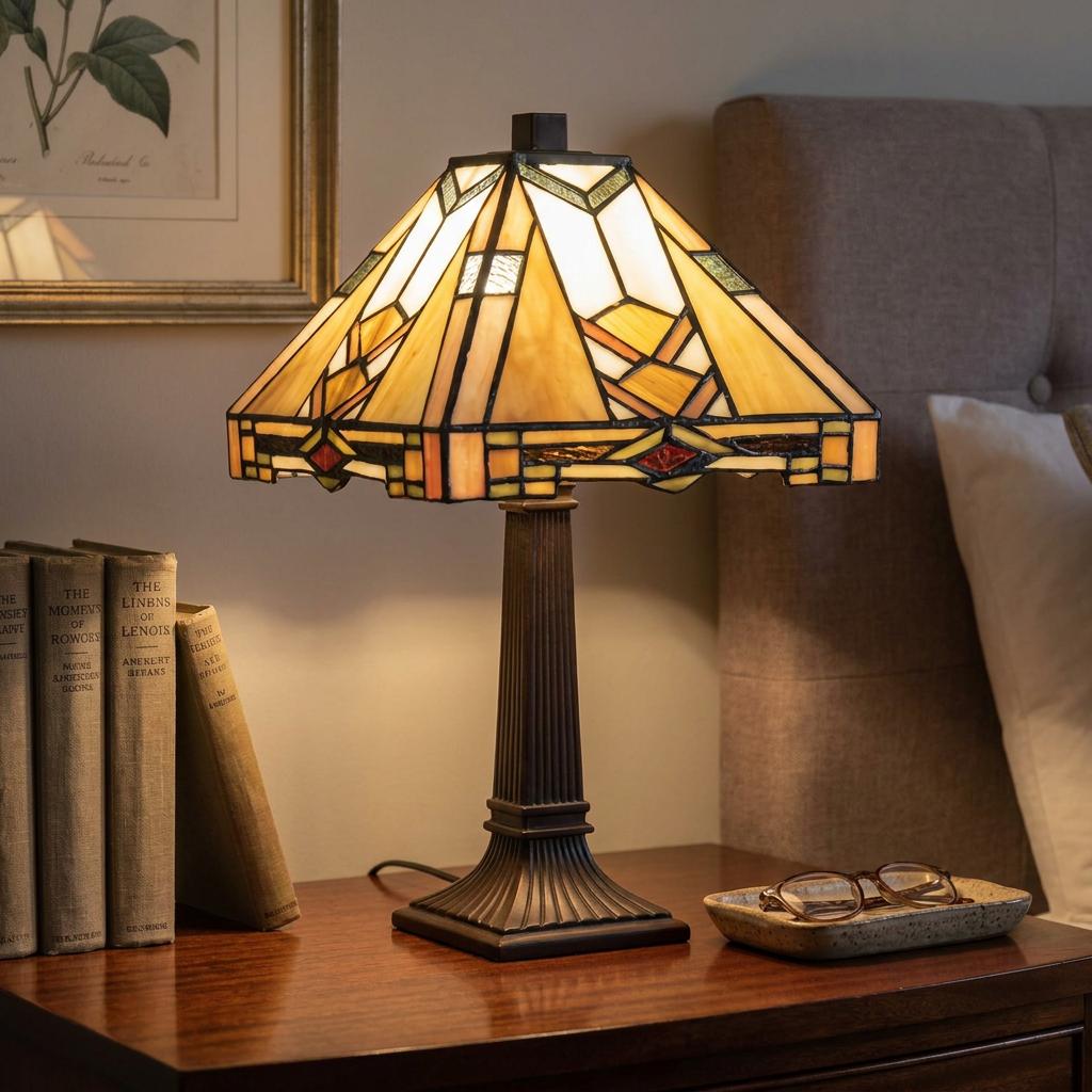 Prairie Tiffany table lamp with geometric stained glass shade glowing on a wooden bedside table next to books.