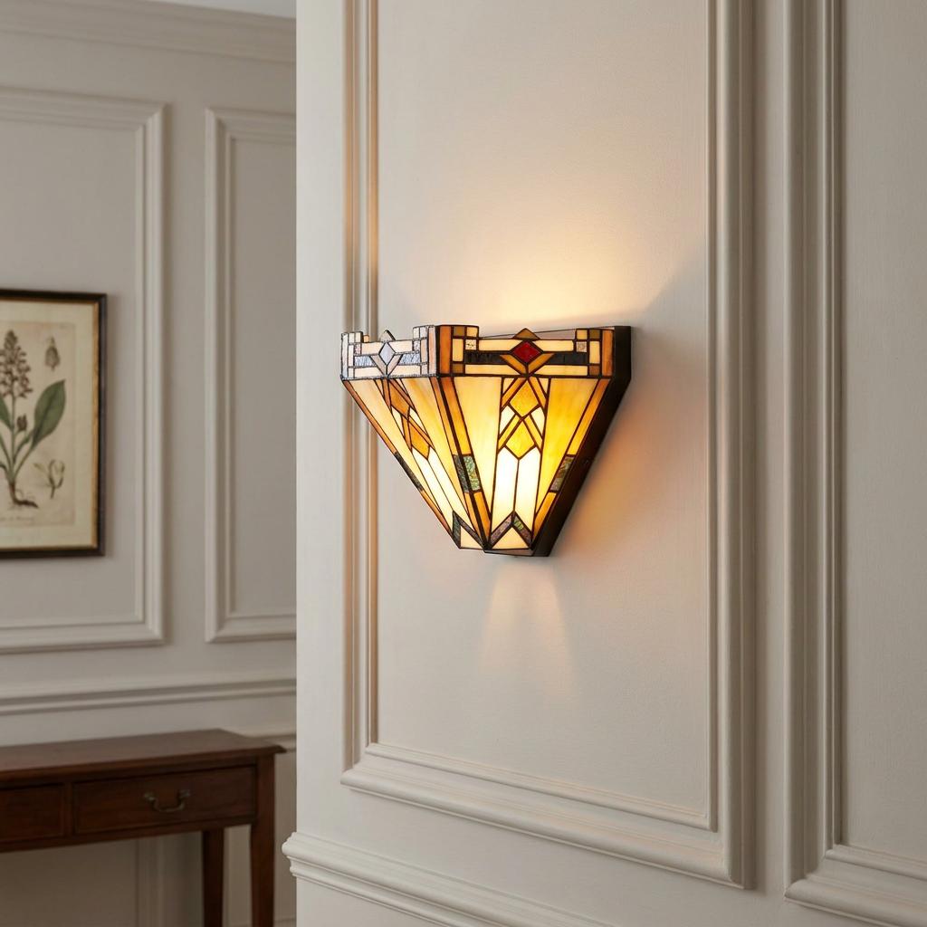 Lit Prairie-style Tiffany wall sconce with amber geometric glass mounted on a classic paneled cream wall.