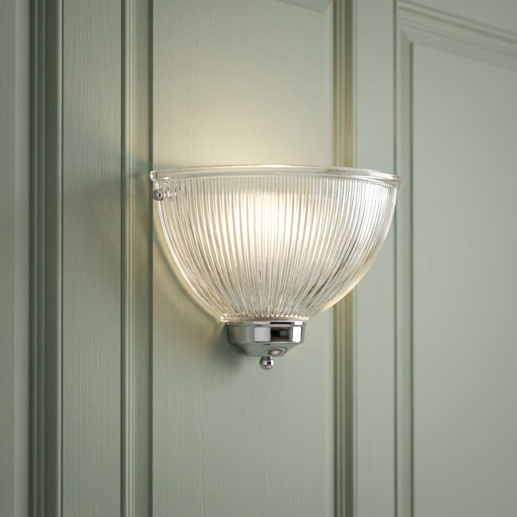 A lit prismatic glass Art Deco dome wall light with chrome hardware on a sage green paneled wall.