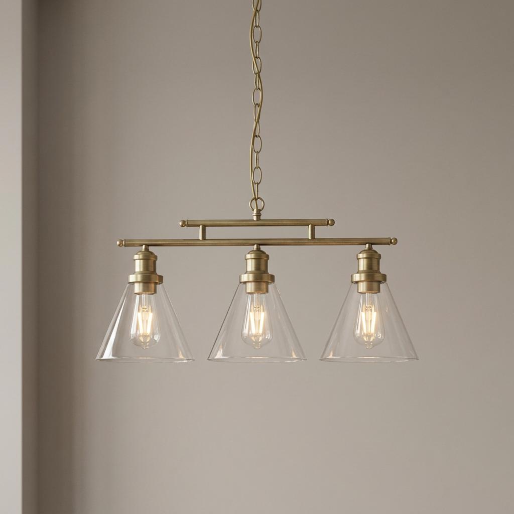 Antique brass 3-light ceiling pendant with clear conical glass shades and illuminated Edison bulbs on a plain wall.