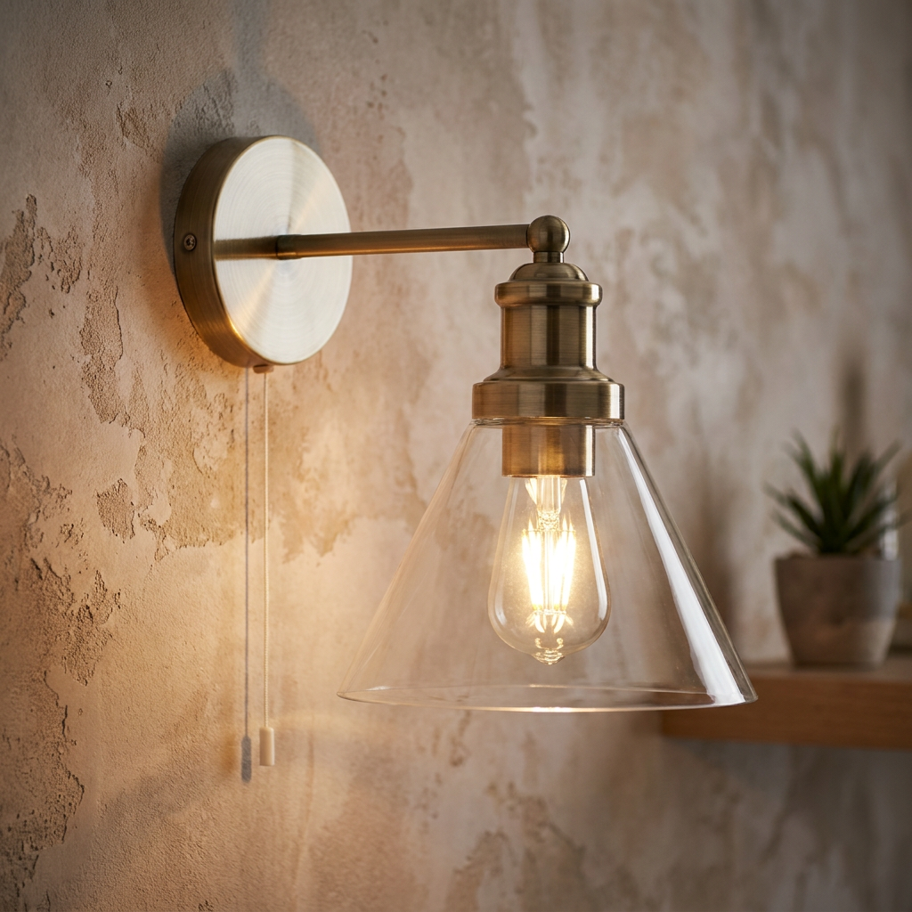 Pyramid Brass Wall Light - Clear Glass Shade - Cord Pull-warehouse-091026