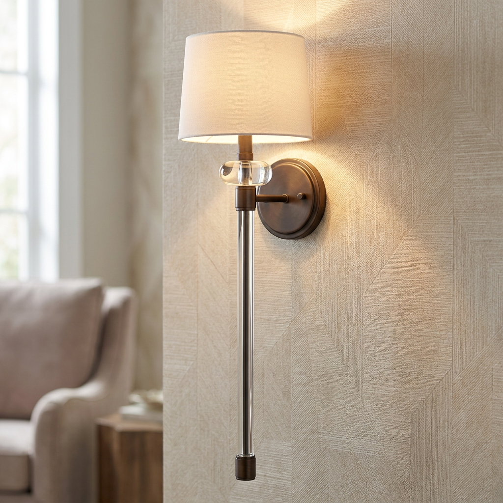 Bronze wall light with a white fabric shade and clear glass column mounted on a textured interior wall.