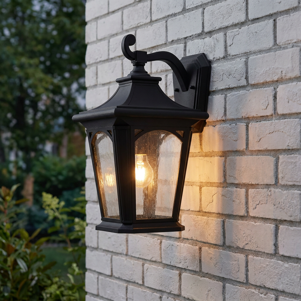 Traditional black outdoor wall lantern with seeded glass and a warm glow mounted on a white brick wall.