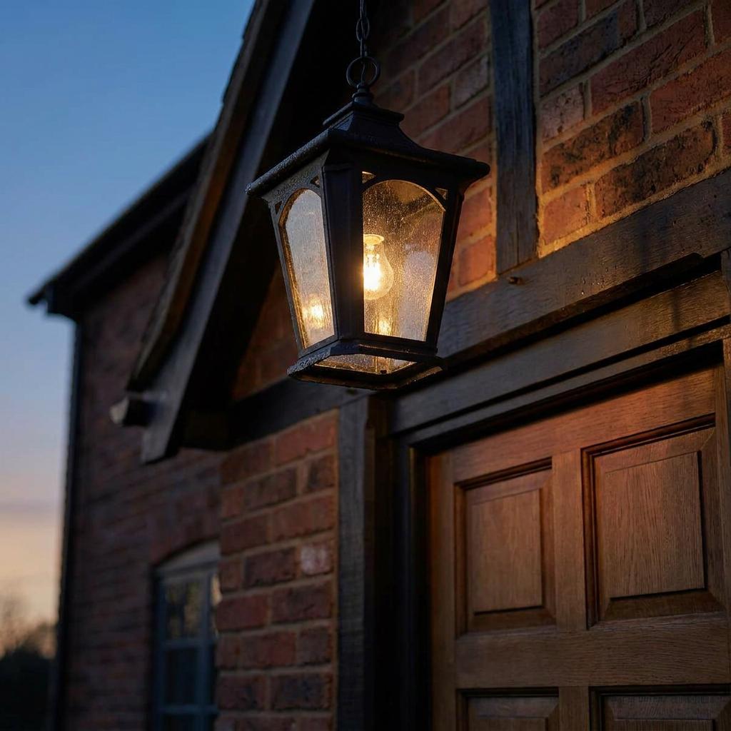 Illuminated black lantern pendant light with seeded glass hanging from a porch of a brick and timber building.