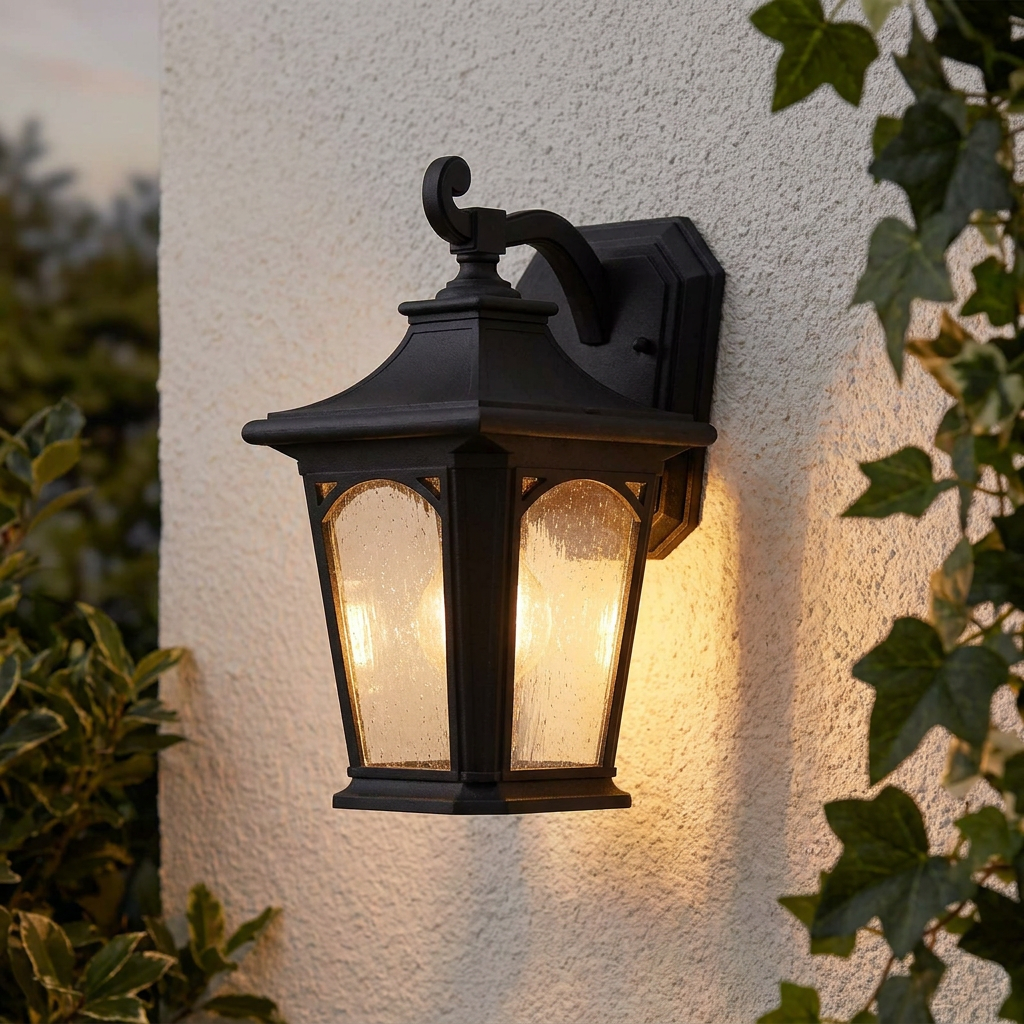 Traditional black outdoor wall lantern with seeded glass panels lit up on a textured white wall with ivy.