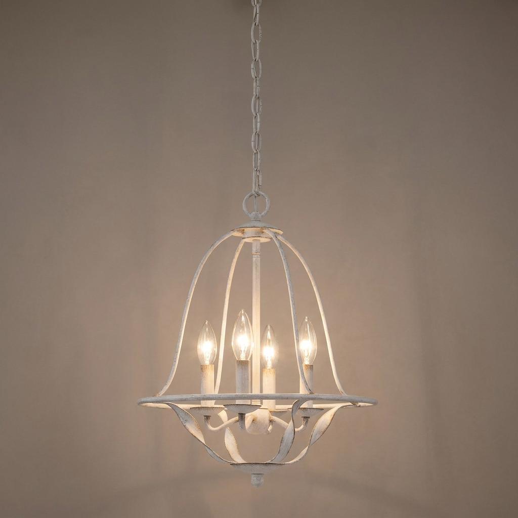Antique white 4-light pendant chandelier with a bell-shaped wire cage and glowing candle bulbs.