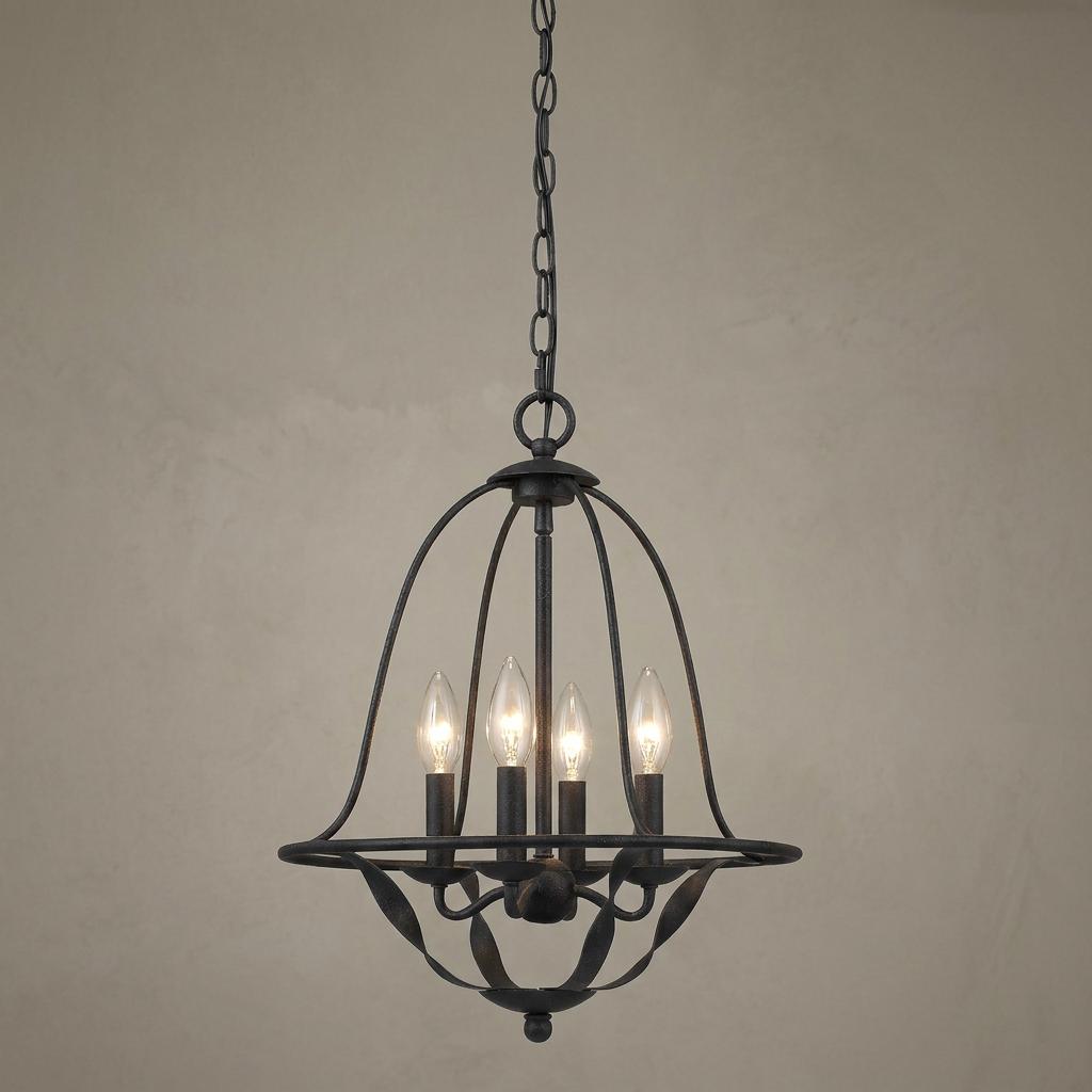 Dark grey birdcage-style ceiling pendant with four lit candle bulbs hanging from a chain.