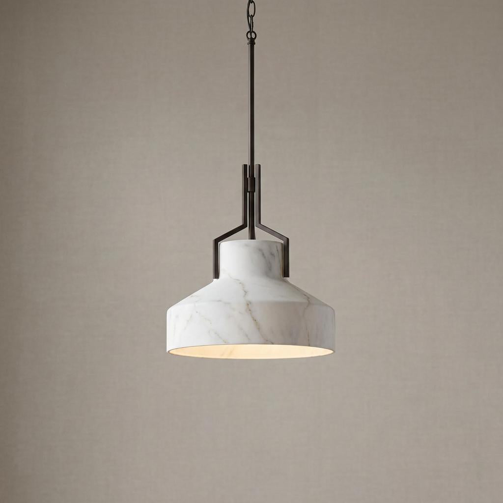 Quoizel Brecken pendant light with an old bronze frame and a marbled cased opal glass shade.
