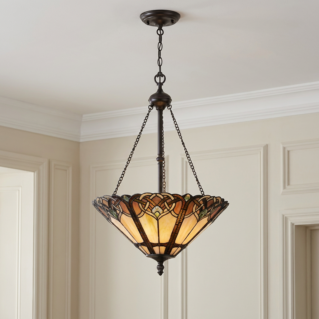 Inverted Tiffany ceiling light with a glowing stained glass shade hanging in a room with white paneled walls.