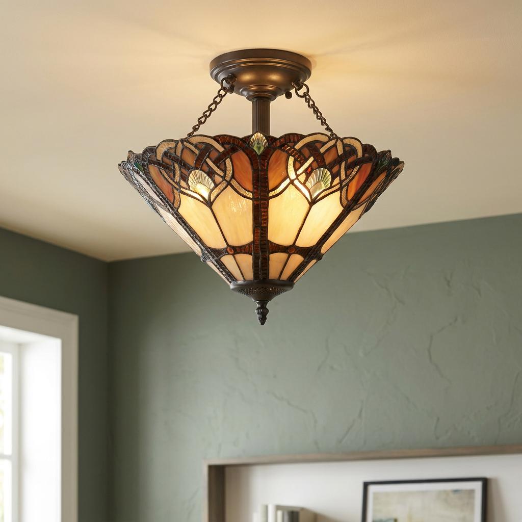 Quoizel Cambridge semi-flush ceiling light with an inverted Tiffany stained glass shade in amber and cream.
