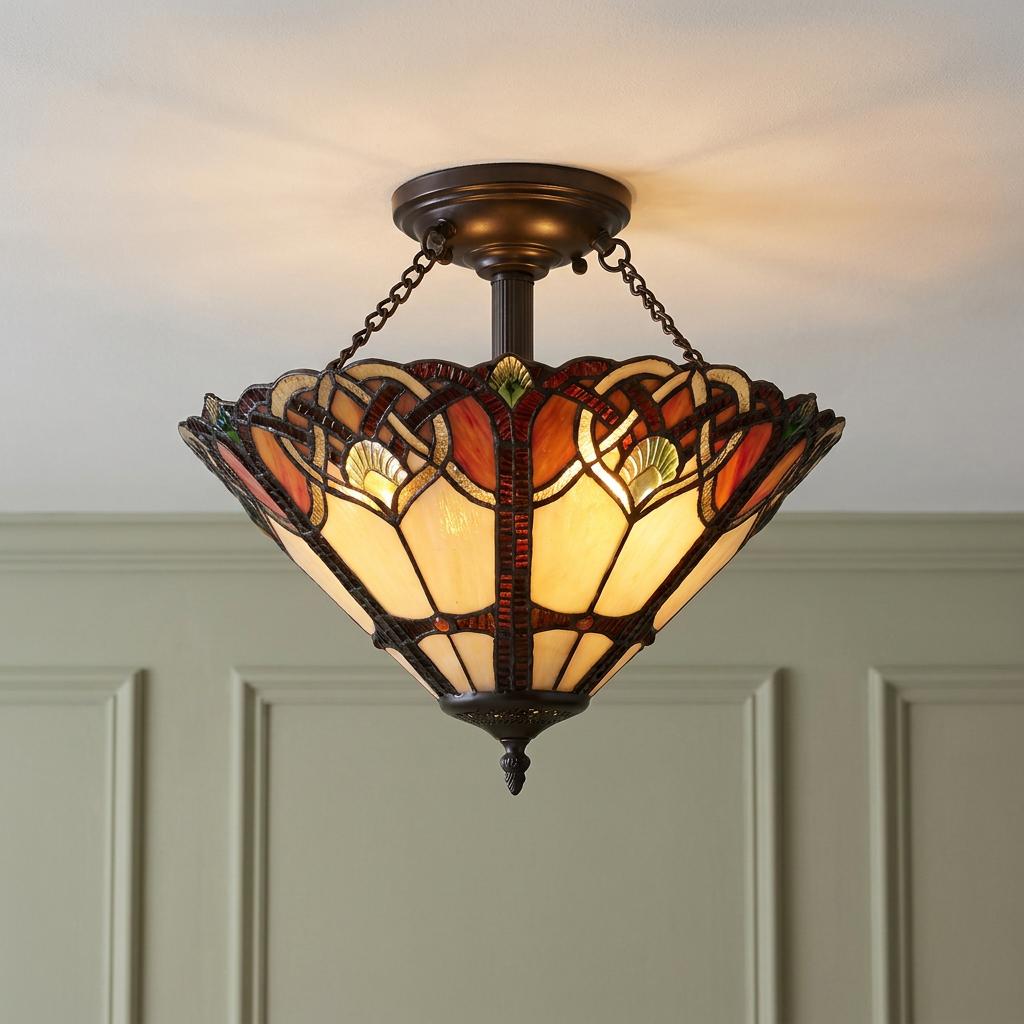 Quoizel Cambridge semi-flush Tiffany ceiling light with a warm stained glass shade and bronze metal hardware.