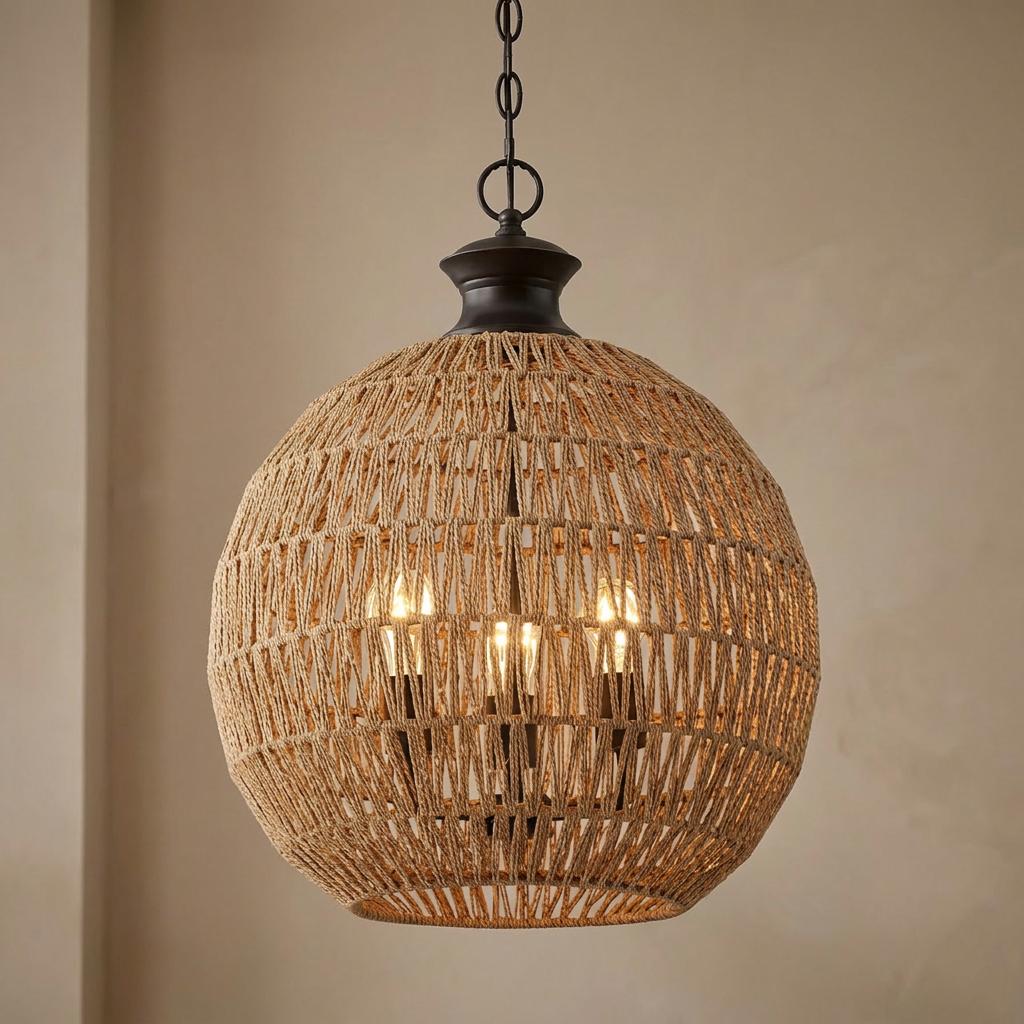 Quoizel Casablanca Bronze Ceiling Pendant Light with a woven rope spherical shade and three glowing bulbs.