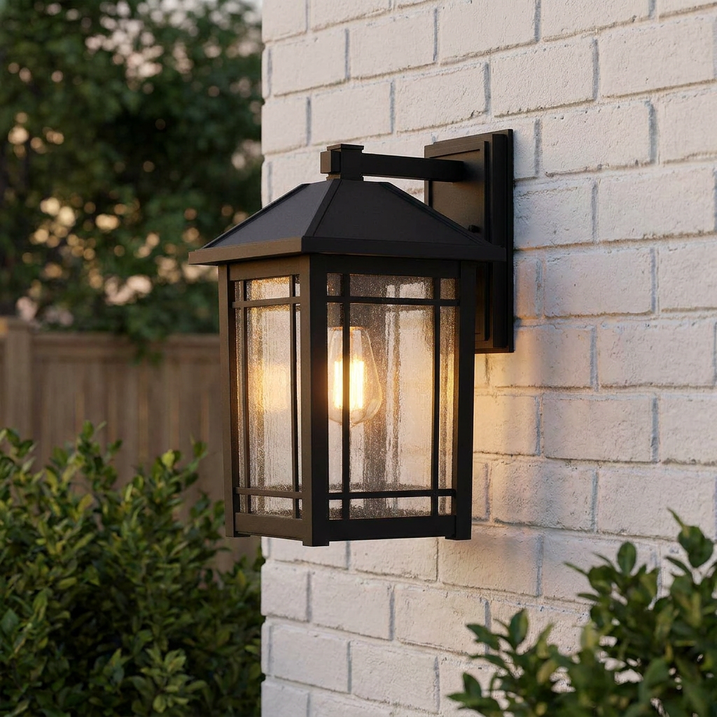 Illuminated black lantern-style wall light with seeded glass panes on a white brick exterior.