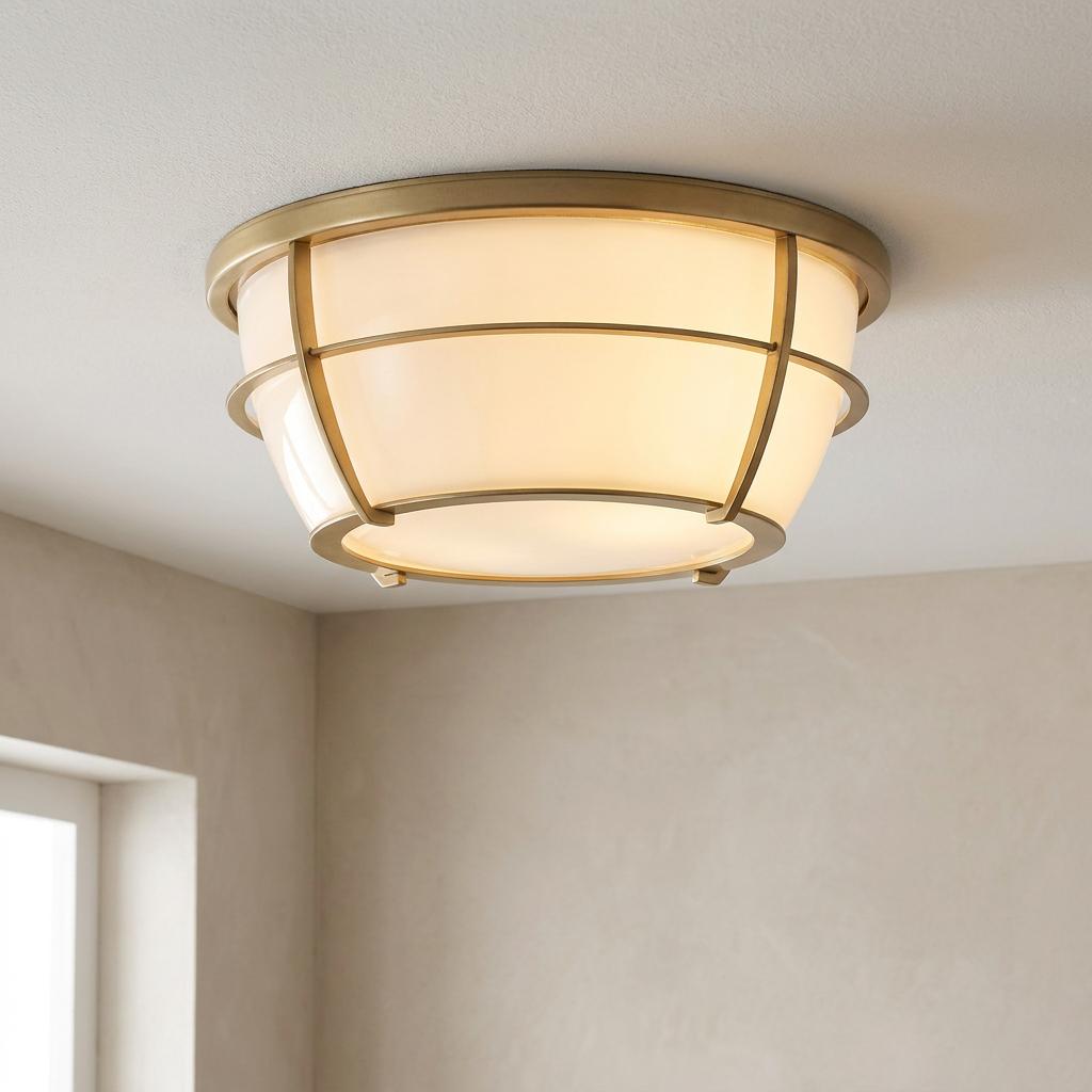 Quoizel Chance 2 Light Brass Bathroom Flush Mount with an aged brass cage over an opal white glass shade.