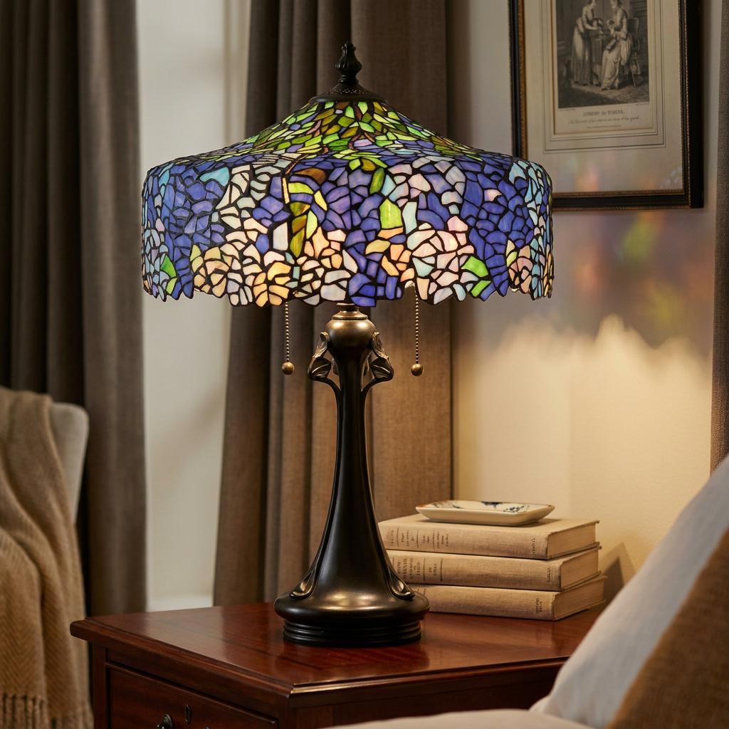 Tiffany table lamp with a vibrant blue and green stained glass floral shade on a dark bronze base.