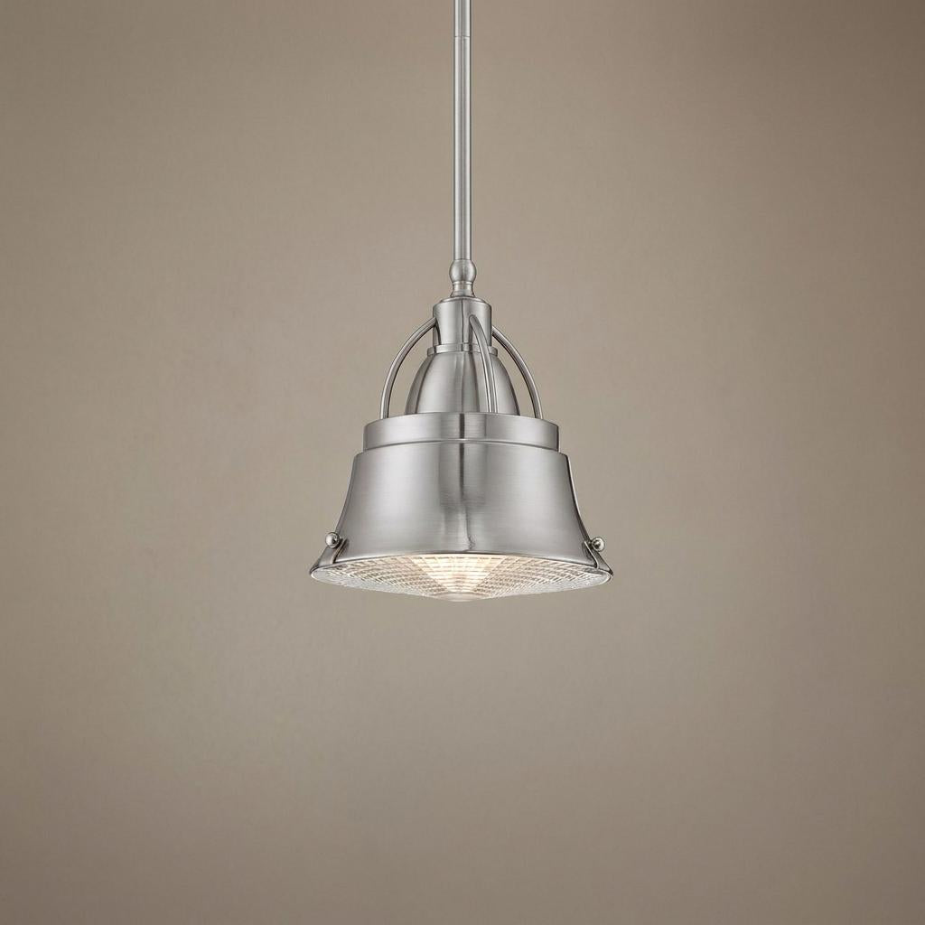 Brushed nickel mini pendant light with a flared metal shade and prismatic glass diffuser against a neutral wall.